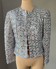 Vintage Del Ann's Silver Sequin ZigZag Puff Sleeve Blazer Bolero Jacket XS S
