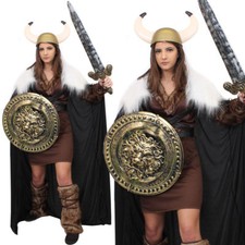 WOMENS VIKING COSTUME WITH GOLD ACCESSORIES MEDIEVAL NORDIC WARRIOR FANCY DRESS