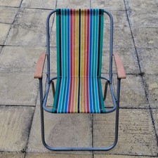 Deck Chair Vintage Multicoloured Striped Folding Sun Retro Campervan Wooden Arms