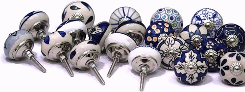 White blue ceramic door knobs - blue,