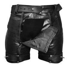 Men's Real Sheep Leather Cargo Shorts Gay Fetish Clubwear With Front Double Zip
