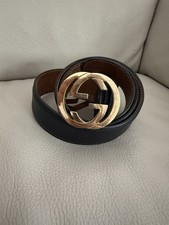 Authentic Gucci Interlocking GG Gold Buckle Black Leather Belt Size 85/34