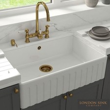LSC Fluted Butler 795 1.0 Bowl White Ceramic Kitchen Sink with Gold Waste