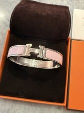 Hermes Rose Pink Clic H Bangle Bracelet Palladium full set box Retails for $770