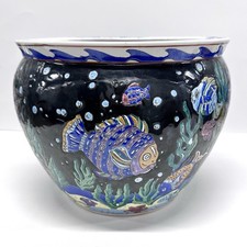 Vintage Hand Painted Ceramic Fish Bowl Planter Oriental Koi Fish Pot 12” Large