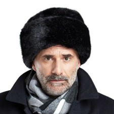Men's Black Luxury Faux Mink Fur Russian Cossack Hat Winter Warm Thermal Ushanka