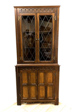 CORNER CABINET Jaycee Oak Display Glass Leaded Door Double Door Cupboard
