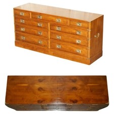 FINE RESTORED TRADITIONALLY FRENCH POLISHED BURR ELM MILITARY CAMPAIGN SIDEBOARD