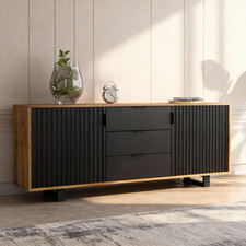 140cm Sideboard Oak & Black Fluted Doors | 3 Drawers | Metal Frame Storage Unit