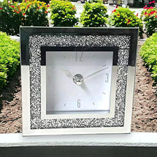 SERENA'S Square Crushed Diamante Mantle Clock Glass Mirrored Desk Table Clock El