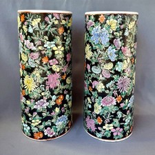 Pair of Vintage Chinese Porcelain Famille Noire Floral Vase Umbrella Stands 11”