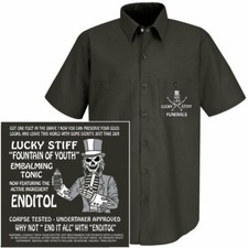 LUCKY STIFF FUNERALS FOUNTAIN OF YOUTH TONIC HEARSE SKULL UNDERTAKER WORKSHIRT