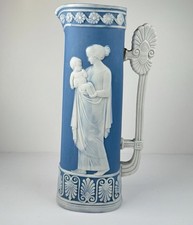 Antique Schafer & Vater Handled Vase Mother & Child Relief Blue White 8.5in