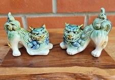 Vintage Pair Of Small Chinese Green Glazed Pottery Ceramic Foo Dogs, 3.5 inches 