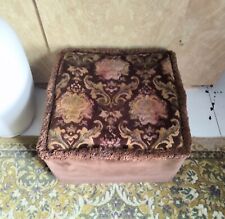Vintage 1960s square pouffe footstool brown velour & floral fabric fringed edge
