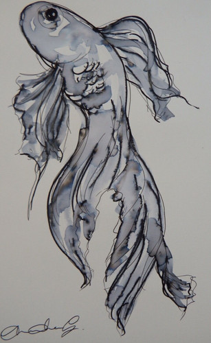 Ink drawing goldfish fish - goldfish, on