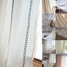 UK Stripe Geometric Curtain Slot Top Cotton Linen Textured Curtains Tassels