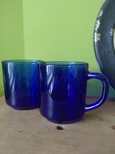 2 X Arcoroc French Colbolt Blue ripple Glass Mugs 1970s  