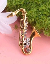 Golden Tone Saxophone Crystal  Brooch With Gift Bag 
