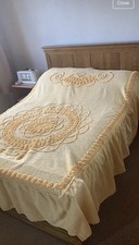 Vintage 60s 70s Cotton Yellow Candlewick Tufted Double Bedspread  Fringe 