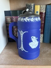 Antique Wedgwood Dark Blue Jasperware Tankard Pitcher with Lid
