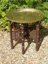 Benares side table, solid brass top, mother of pearl inlay.