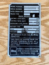 Vintage Otis Fork Lift Truck Specs Name Plate Tag Emblem 1969 FTD-040