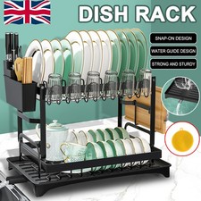 2Tier Kitchen Sink Dish Drainer Rack With Drip Tray Cutlery Holder Plate Rack UK