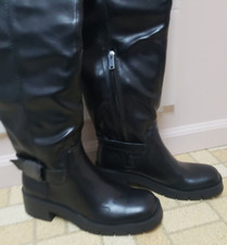 Zara Women’s Black Faux Leather Tall Boots Chunky Heel Size 39 NWT