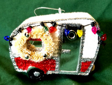 Snow Covered Camping Trailer Xmas Lights Hanging Tree Ornament Tear Drop Camper