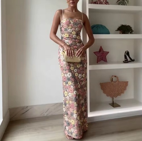 Beige floral sequin maxi - floral,