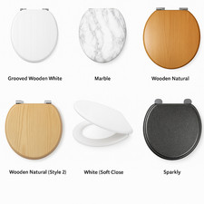 Universal Toilet Seat Hinged Seat Replacement Wooden Seat Black White Grey Oak