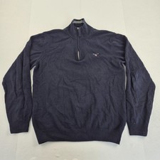 GANT Jumper Large Blue Men's 1/4 Zip Embroidered Logo Knit 100% Wool