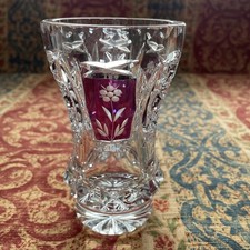 Bohemian 24% Lead Red Cut To Clear Crystal Vase Floral & Geometric Star Designs