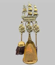 Vintage Brass Fire Irons Companion Set 5 Pieces Galleon Ship Poker Tools