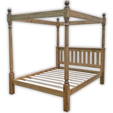 Chunky Slatted Pine Bed Frame 4FT6 Double FOUR POSTER with Round Posts