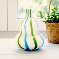Retro Aqua Blue Green Stripe Vase White Cased Glass Double Gourd Candy Swirl 7"