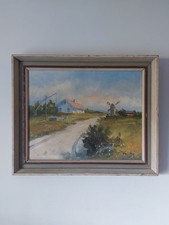 Mid Century  Landscape With Windmill Original On Canvas