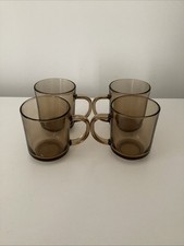 4 Smoked Glass Mugs Tea Coffee Brown Glass Retro