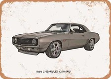 Classic Car Art - 1969 Chevrolet Camaro Pencil Sketch - Rusty Look Metal Sign 6