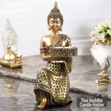 Thai Buddha Candle Holder Meditating Ornament Gold Sculpture Tea Light Zen Home