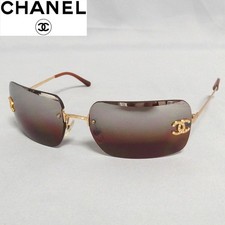 CHANEL 4017-D Rimless Sunglasses Coco Mark Rhinestone Brown Lens Gold Frame