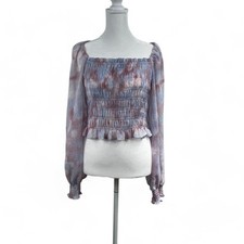 Pink Blue Babydoll Crop Top Smocked Ruffle Sz S Fairy Puff Sleeve Milk Maid