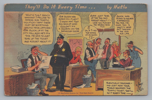 Postcard comic police - police, bench