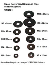 Black Stainless Steel Penny Washers M3 M4 M5 M6 M8 or M10 Galvanised Pack of 10 