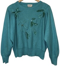 Stephanie Vintage 1980s Lambswool Angora Dolman Sleeve Sweater Turquoise Sequin