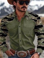 Cowboy Western Camo Shirt Mens Camouflage Two Tone Fashion Collared Long Sleeves