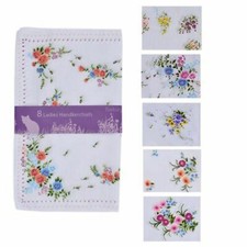 Ladies Hankies Handkerchiefs Hanky White Floral Print Cotton Polyester 5 Pack