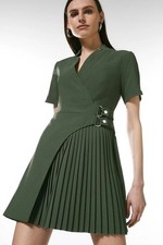 Elegant khaki green crepe Karen Millen pleated military buckle dress, 14, £179
