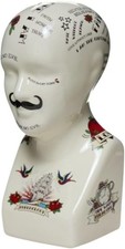 Phrenology Head Tattoos Ceramic Glazed Ornament Collectible Retro Bust 16cm Gift